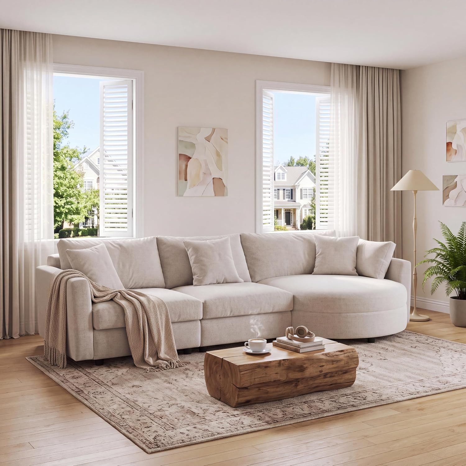 Right Facing Corner Sectional Sofa with Curved Chaise Lounger and 3 Toss Pillows
