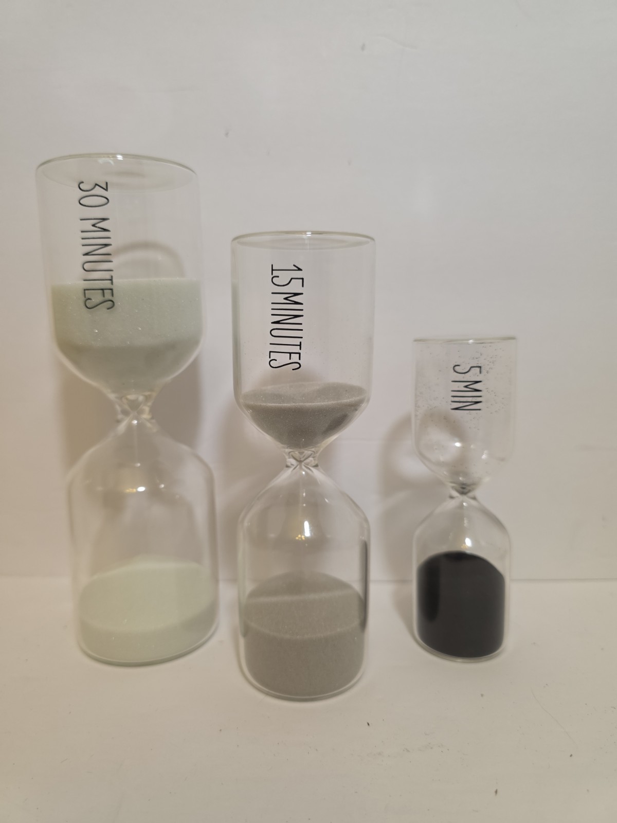 Set of 3 Glass 5 15 30 Minute Hourglasses 3 Different Sand Colors Hourglass Set
