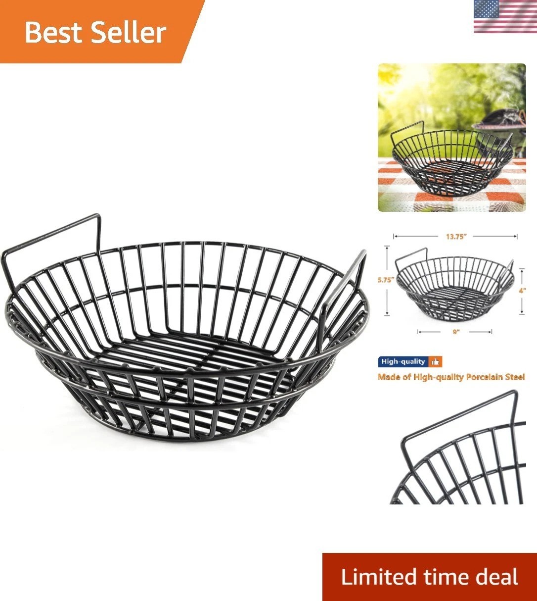Porcelain Steel Charcoal Ash Basket for Big Green Egg & Kamado Grills - 13.75"