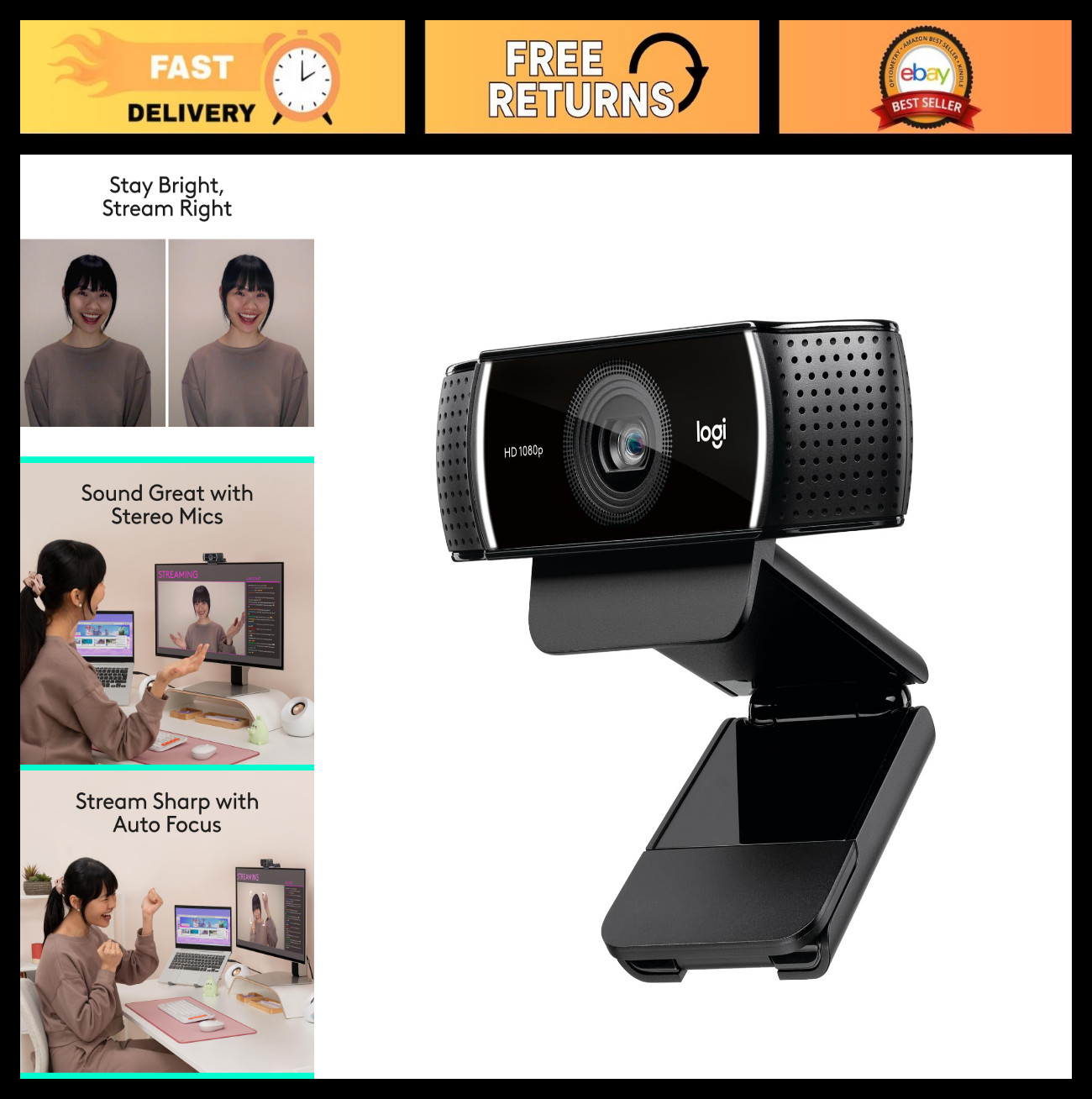 HD Pro Webcam 1080p/30fps & 720p/60fps, HD Light Correction, Compatible with Zoo