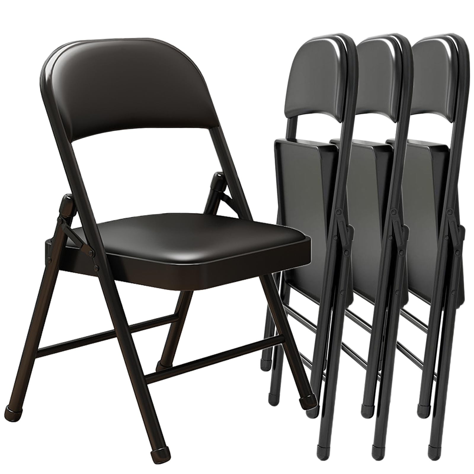 KAOCHA Black Padded Folding Chairs w/ Cushion 4-Pack, Heavy Duty Steel Metal Fra