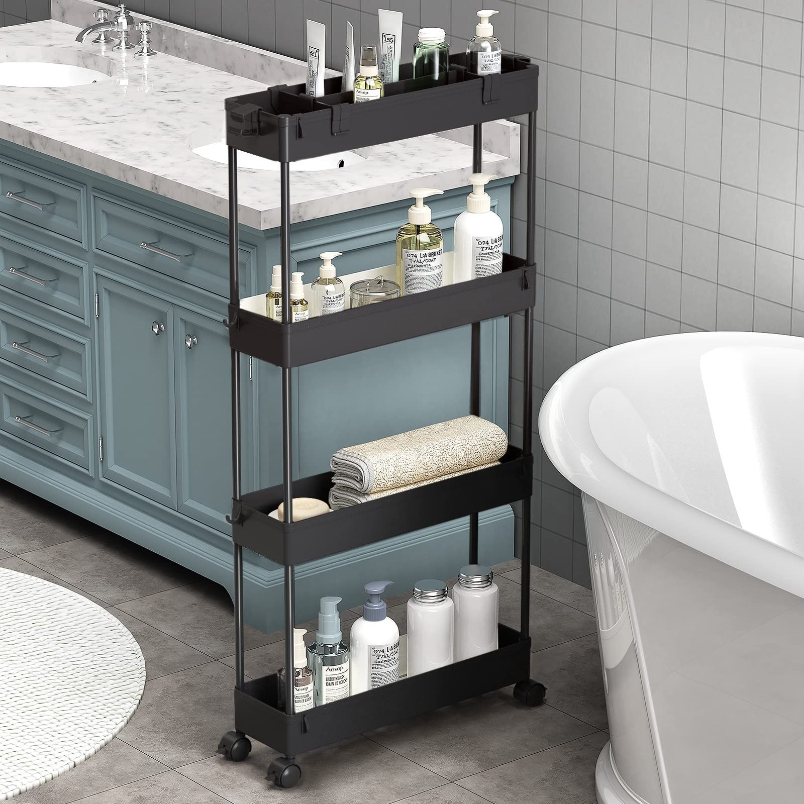Slim Storage Cart 4 Tier,Bathroom Organizer Rolling Utility,Mobile Shelving U...