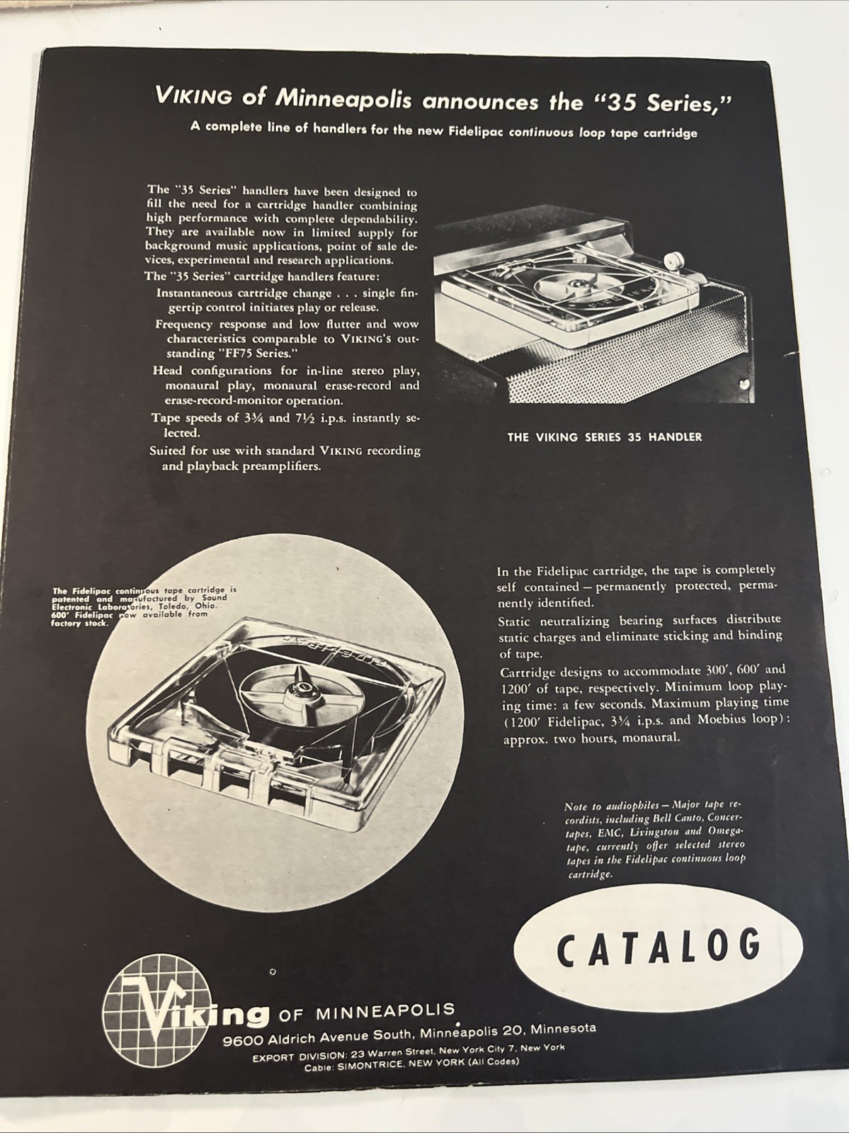 1957 Viking 35 Series Fidelipac Continuous Loop Tape Cartridge Catalog