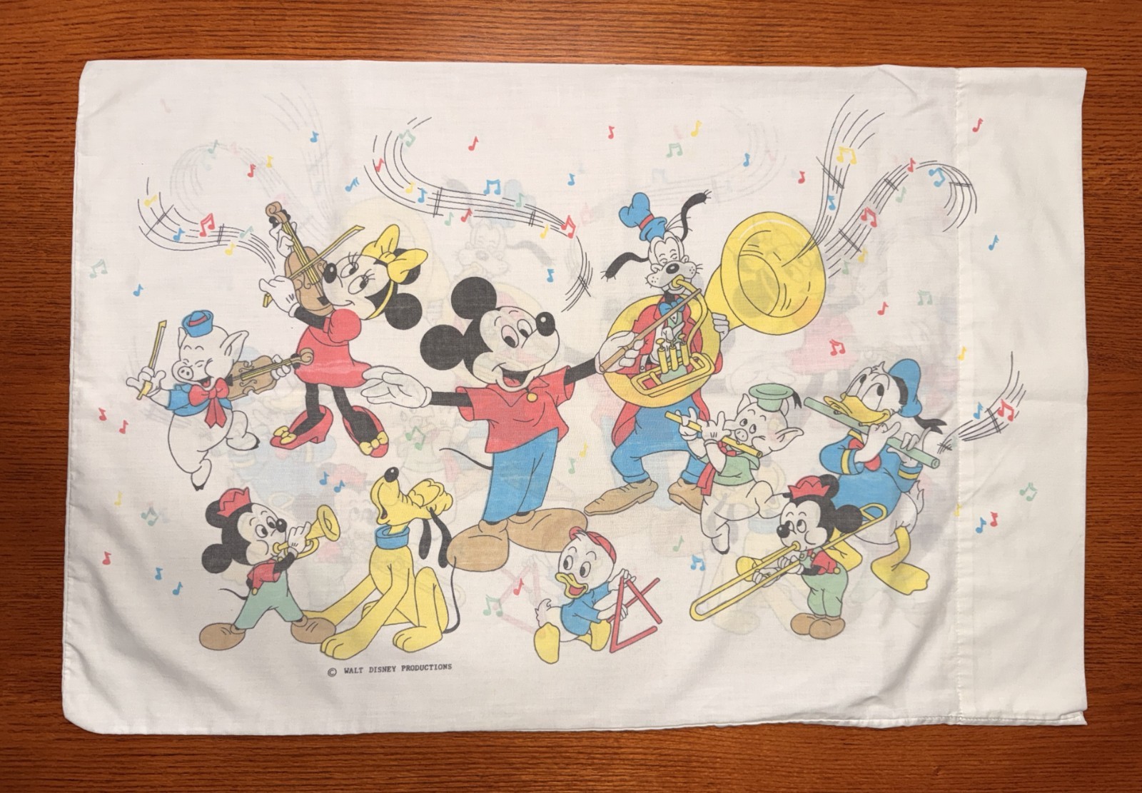 Vintage Disney Pillow Case Mickey, Minnie, Donald, Musical Instruments 1970s