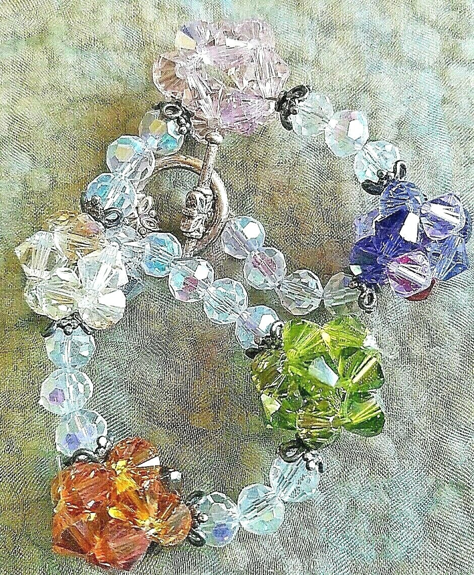 Handmade Artisan Crystal Bracelet Women Silver Toggle Openwork Spaces Colorful