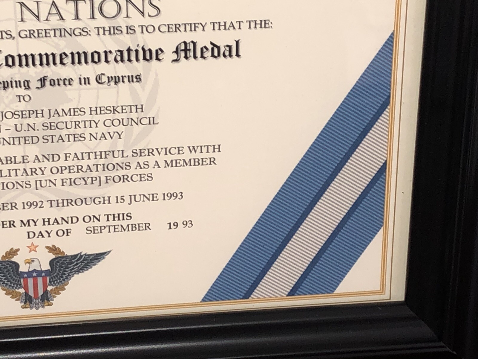 UNITED NATIONS [UNFICYP] COMMEMORATIVE MEDAL CERTIFICATE ~ Type 1