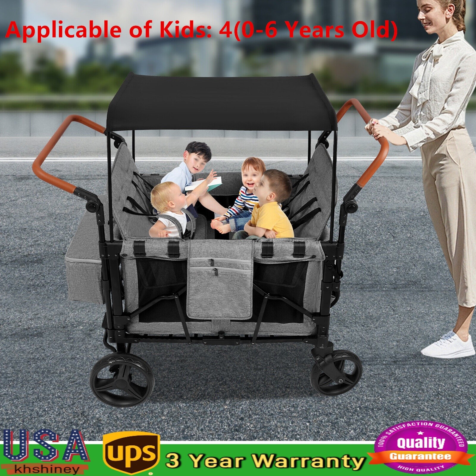 Folding Baby Stroller Wagon Cart For 4 Kids, Face To Face High Seat With Canopy