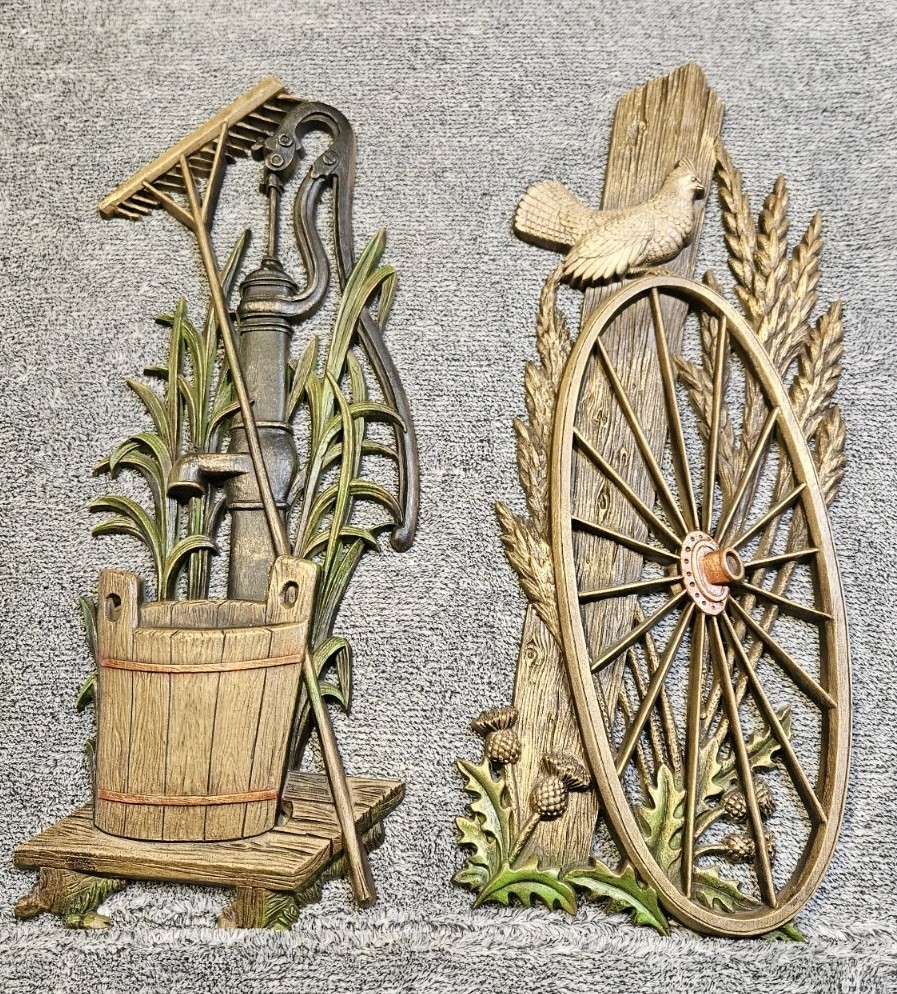 Vintage 70s Burwood Wall Hanging 3D Wagon Wheel Well Pump Rake Quail Cottagecore