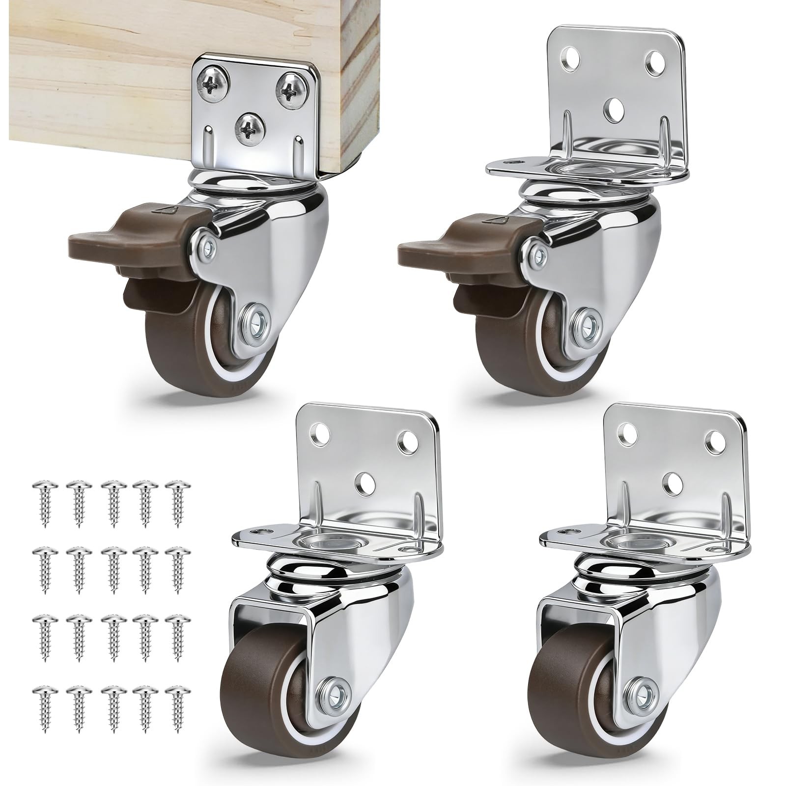 4 PCS 1 Inch LShaped Swivel Caster Wheels Side Plate Mount Brakes 99 LBS