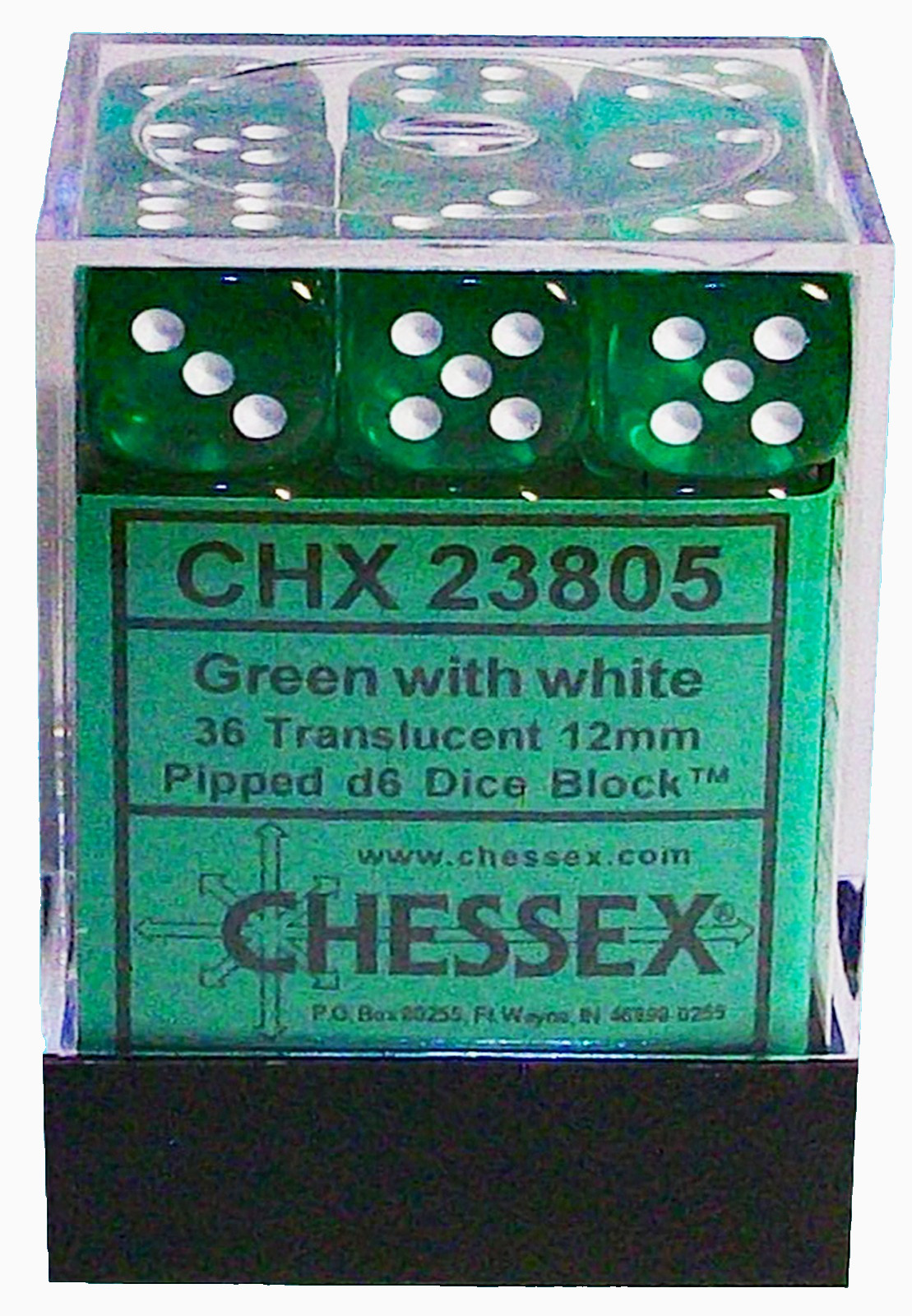 Chessex 36 Dice Set d6 12mm Translucent Green with White New CHX 23805 die block