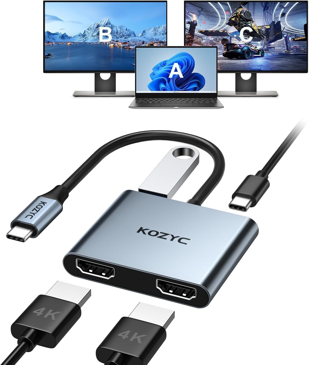USB C to Dual HDMI Adapter 4K@30Hz, KOZYC USB C Hub Multiport Adapter with 2xHDM