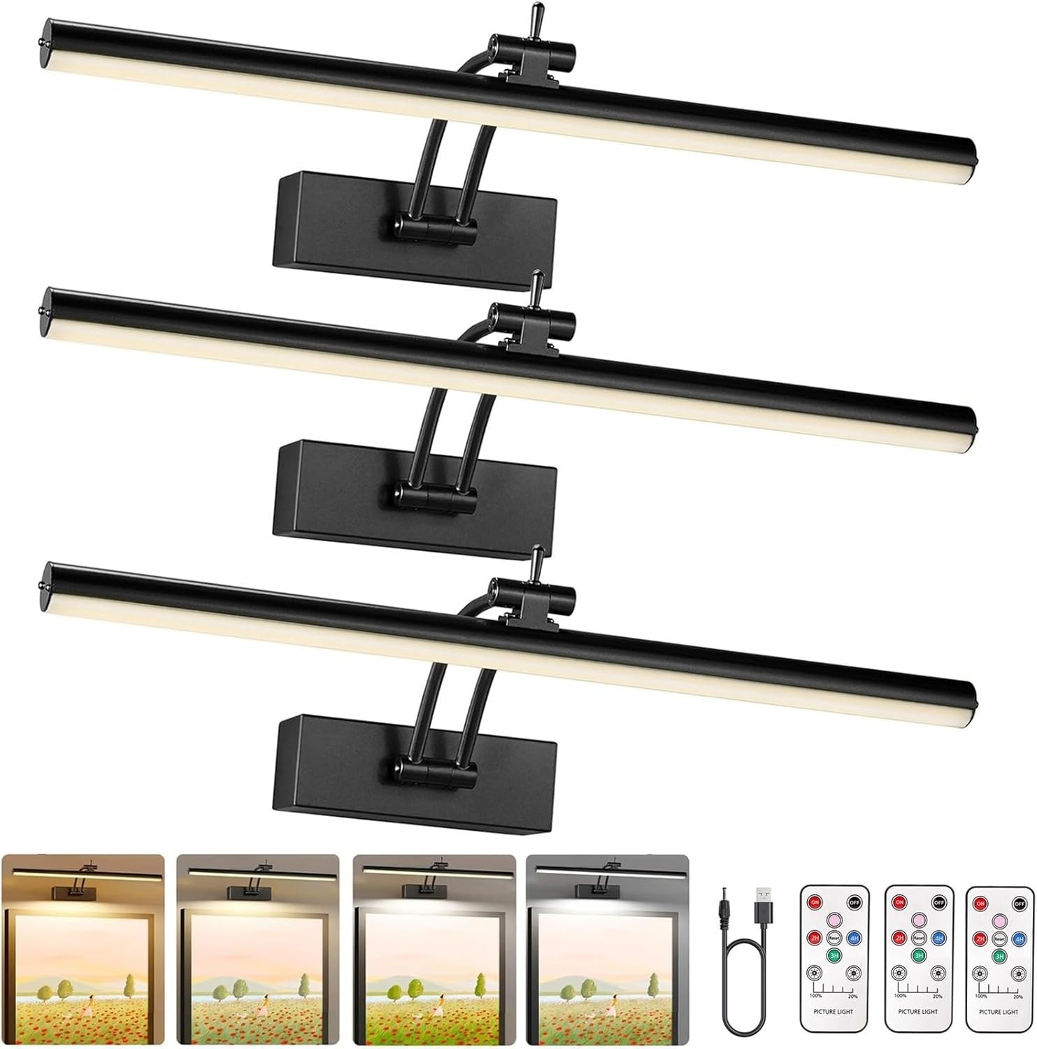 3 Pack Picture Lights 16  Battery Operated Dimmable Remote 6 Colors Black