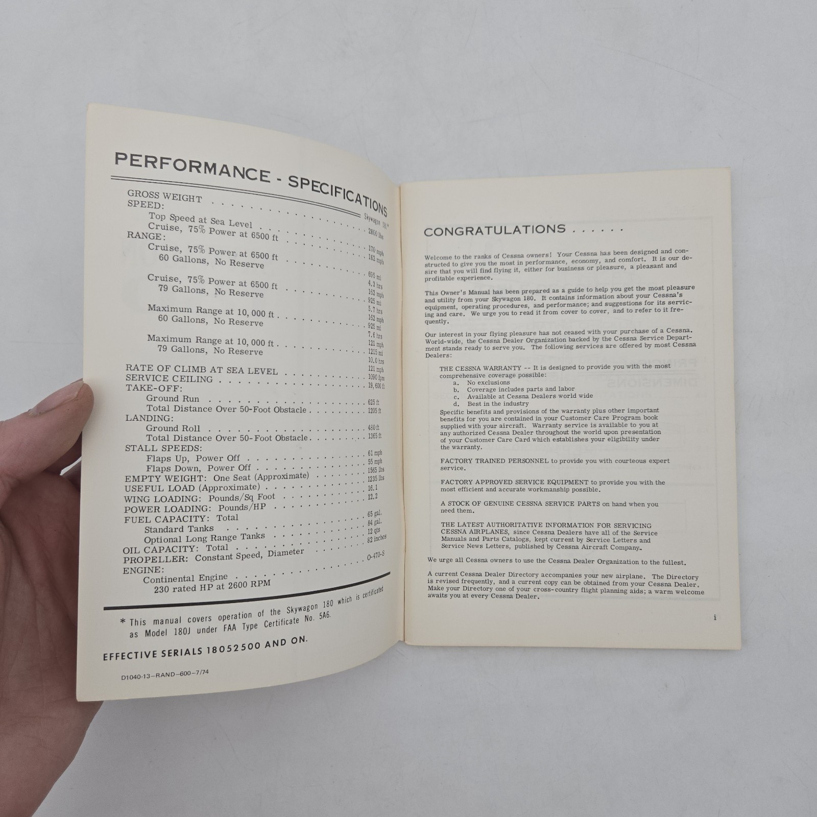 Vintage 1975 Cessna Skywagon 180 Model 180J Owner's Manual