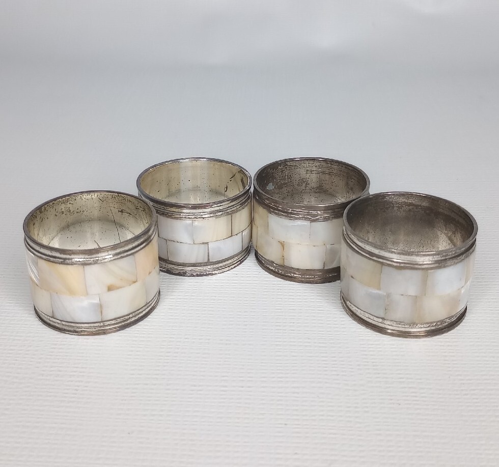 Silver Tone Mother of Pearl Wide Napkin Rings Set of 4