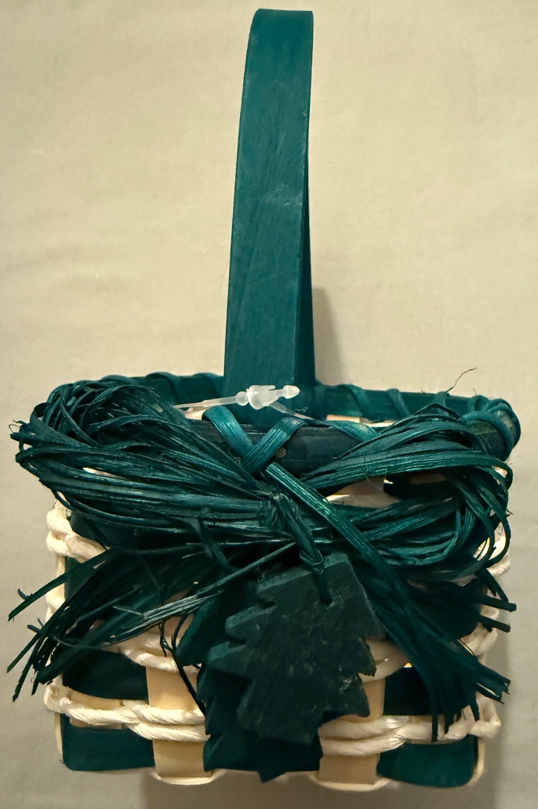 GREEN and WHITE SMALL BASKET - approx. 4x8" - WOOD GREEN TREES & RAFIA