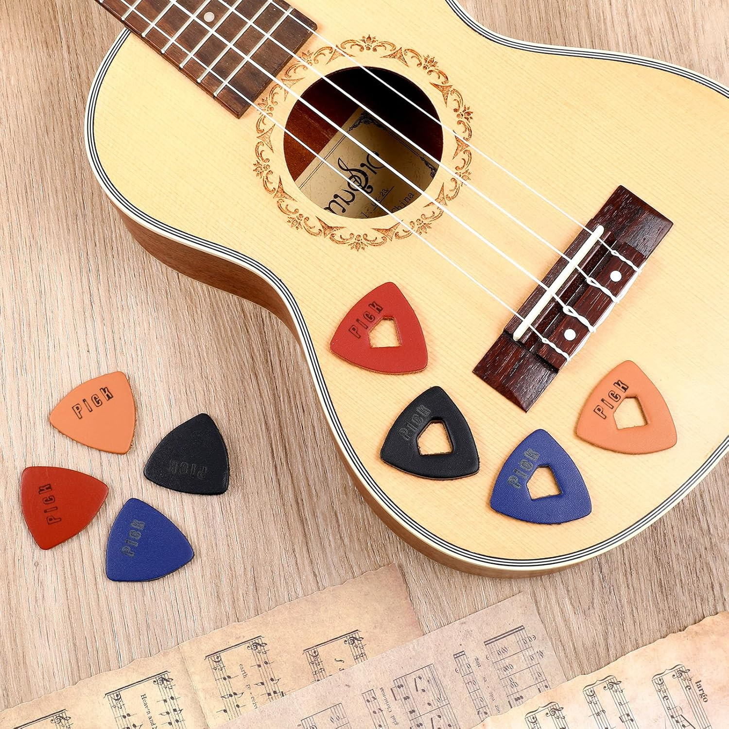 8 Pcs Soft Leather Ukulele Picks Includes 4 Hollow Diamond and 4 Triangle Sha...