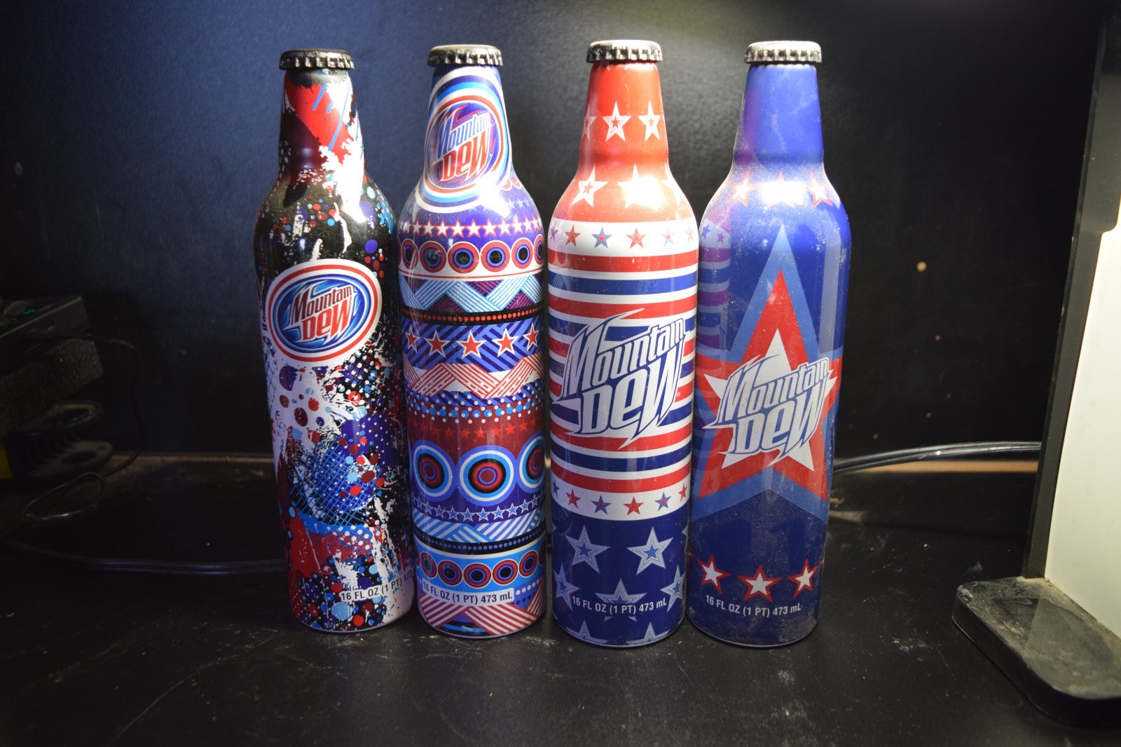 4 Mountain Dew Green Label Art Aluminum Bottles Full Stars and Stripes Series