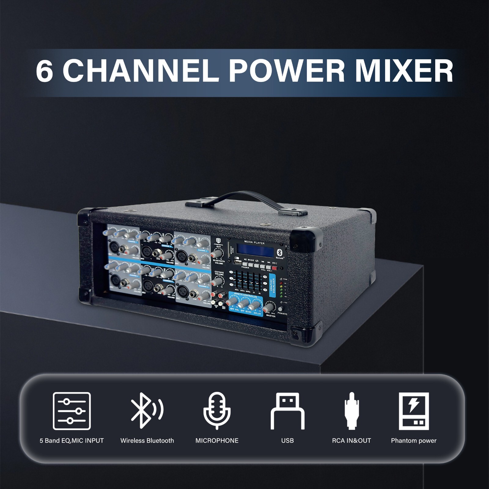 PRORECK PA Powered Mixer Speaker System 2000W 6-channel with 12'' Speakers