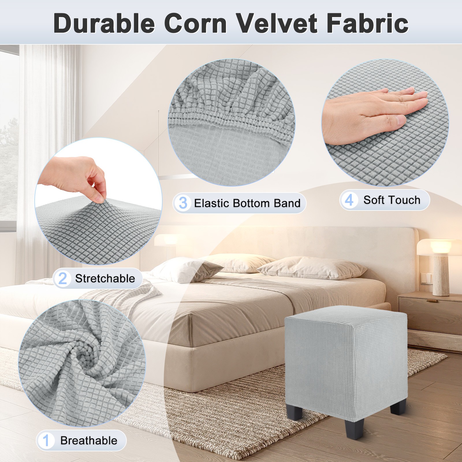 1-Pack 13"x13"x15" Square Ottoman Slipcovers Footstool Protector Light Gray