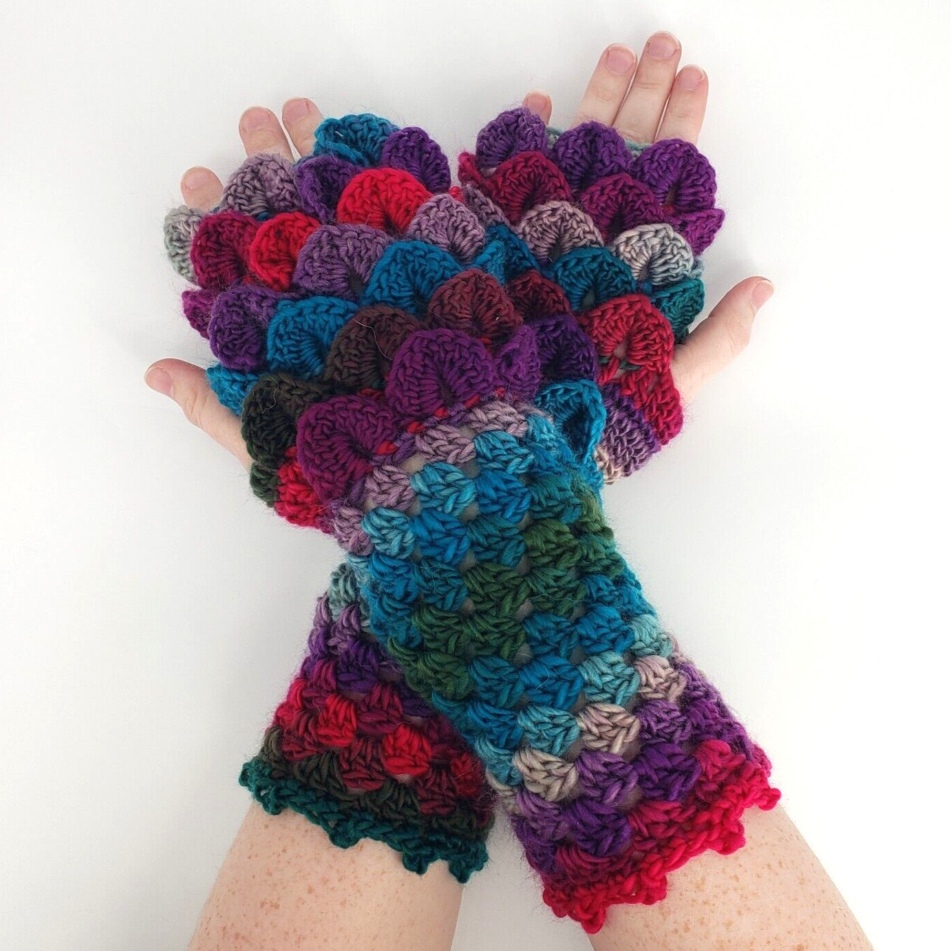 Crocheted Fingerless Gloves Dragon Scale Vivid Magenta Ombre Handmade in Ohio
