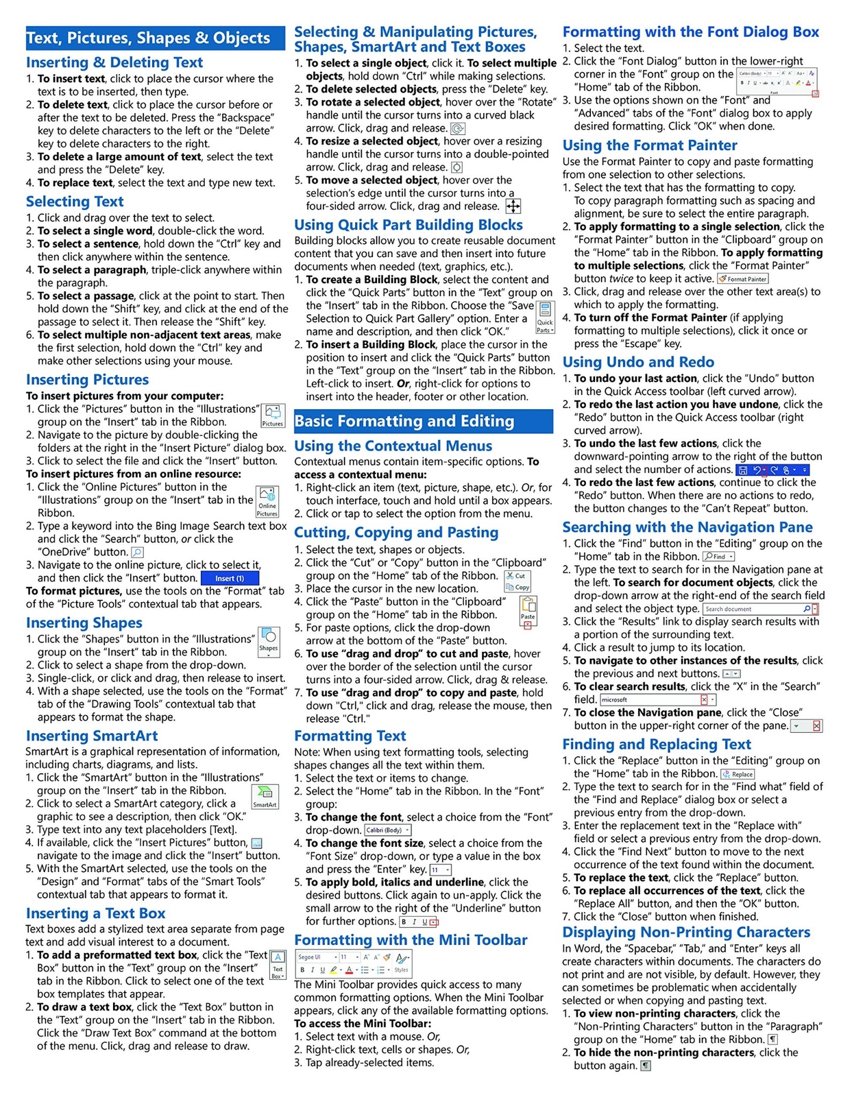 Word 2019 Training Guide Quick Reference Card 4 Page Cheat Sheet Instructions