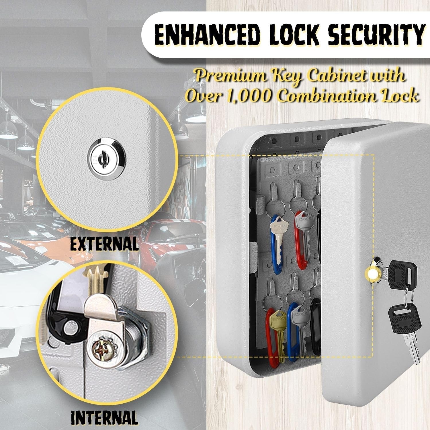 Wall-Mount Key Box Organizer - 40 Capacity Lock Box with Code Security