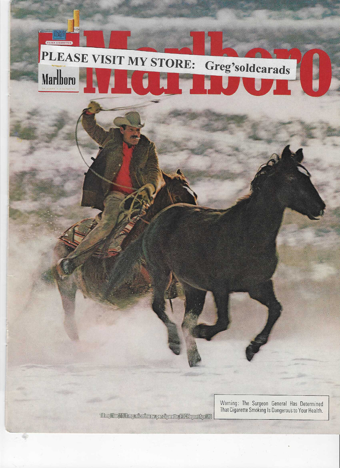 Original 1977 Marlboro Cigarettes vintage print ad,  with Cowboy on horse