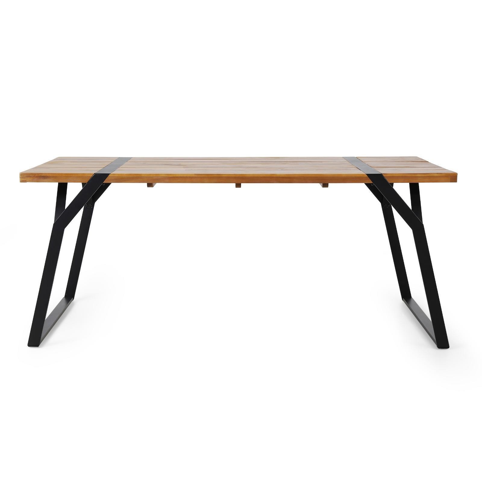 Dining Table - Modern Industrial Acacia Wood Table with Splayed Sled Legs & Slat
