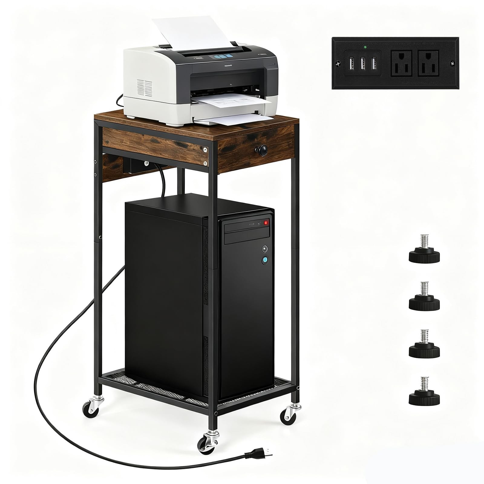 Home Printer Stand with Storage Drawer Printer Table Desk with Charging Stati...