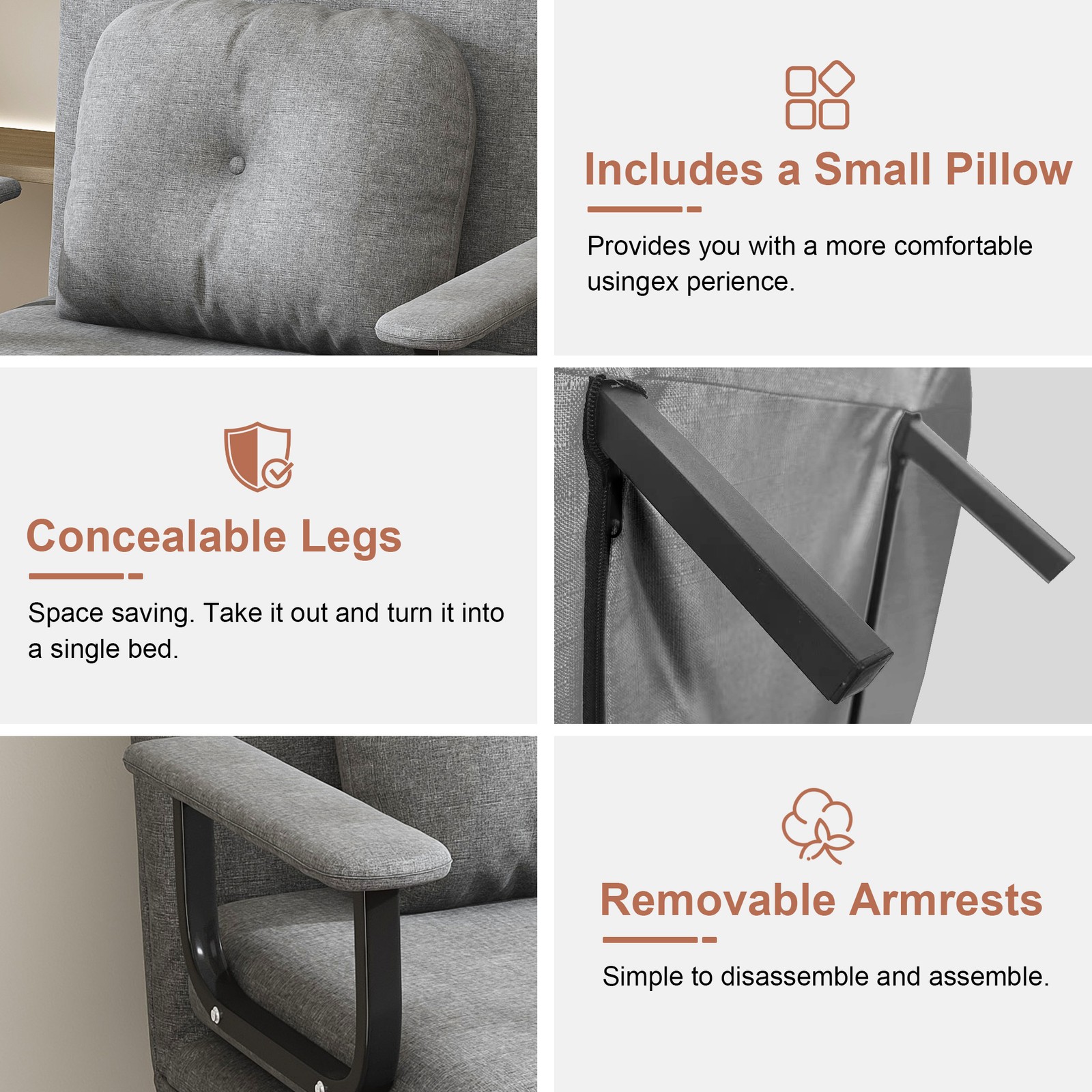 5-in-1 Convertible Sofa Bed Chair Adjustable Backrest Folding Sleeper Grey