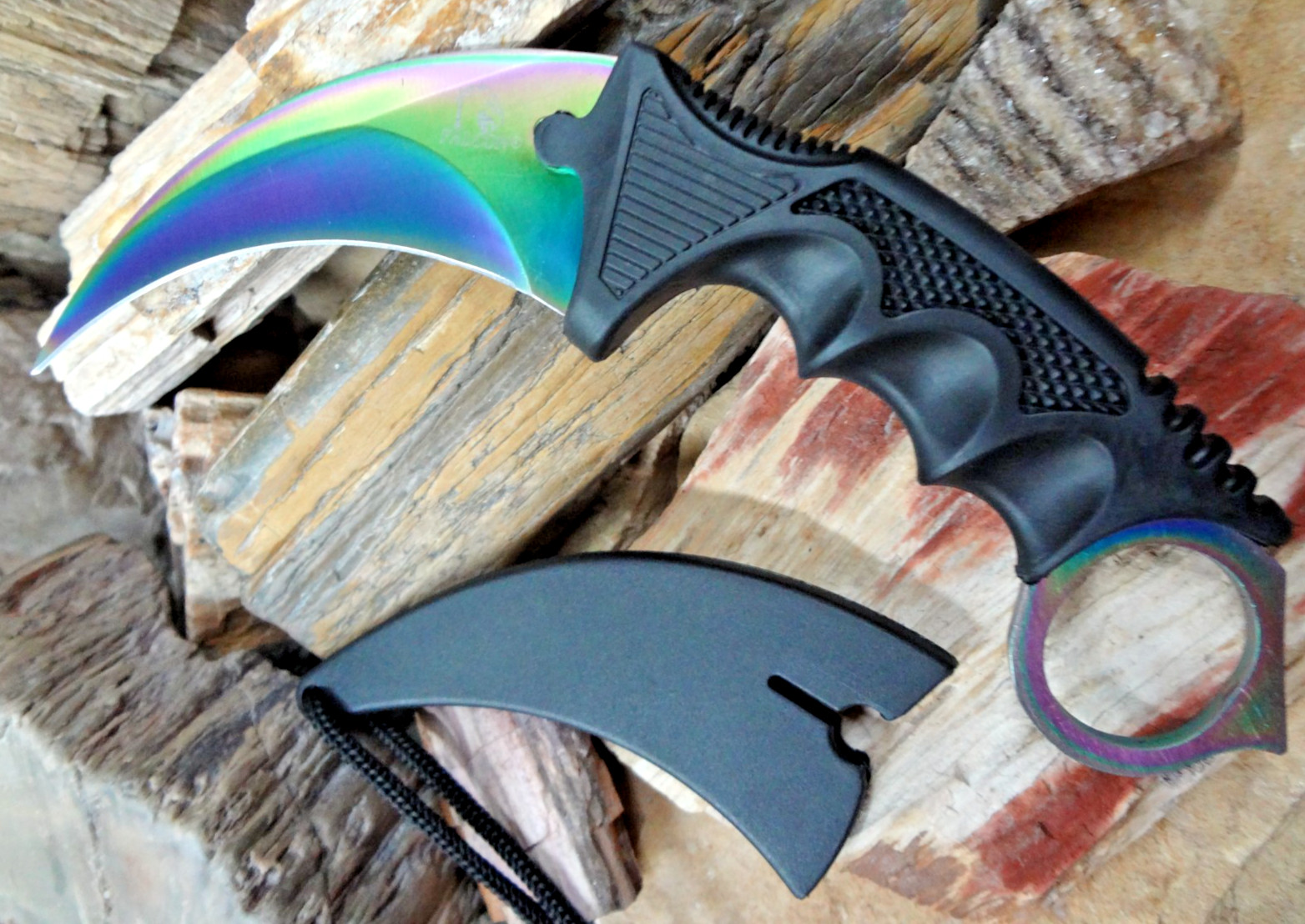 Fixed Blade Karambit Knife Huntsman CSGO Multi-Rainbow w Hard Sheath Neck Cord