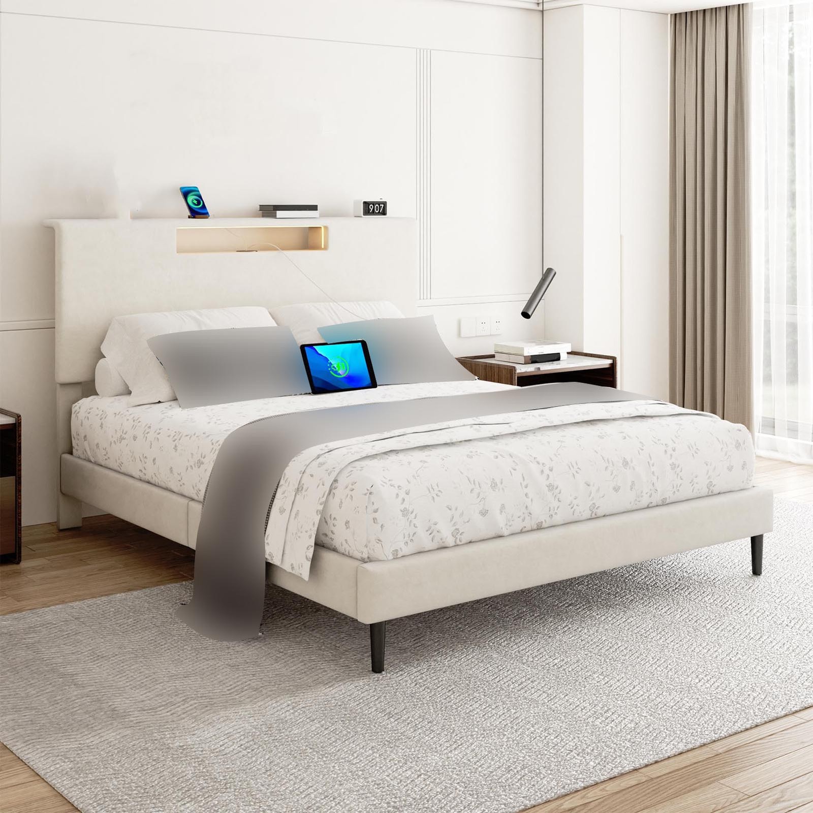 Upholstered Platform Bed Large Size Frame With LED Light And Charging Function