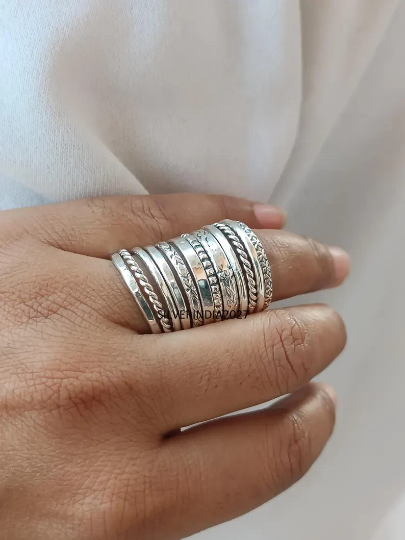 Sterling Silver Stacking Ring Set: Assorted Patterns, Thin & Thick, Handmade