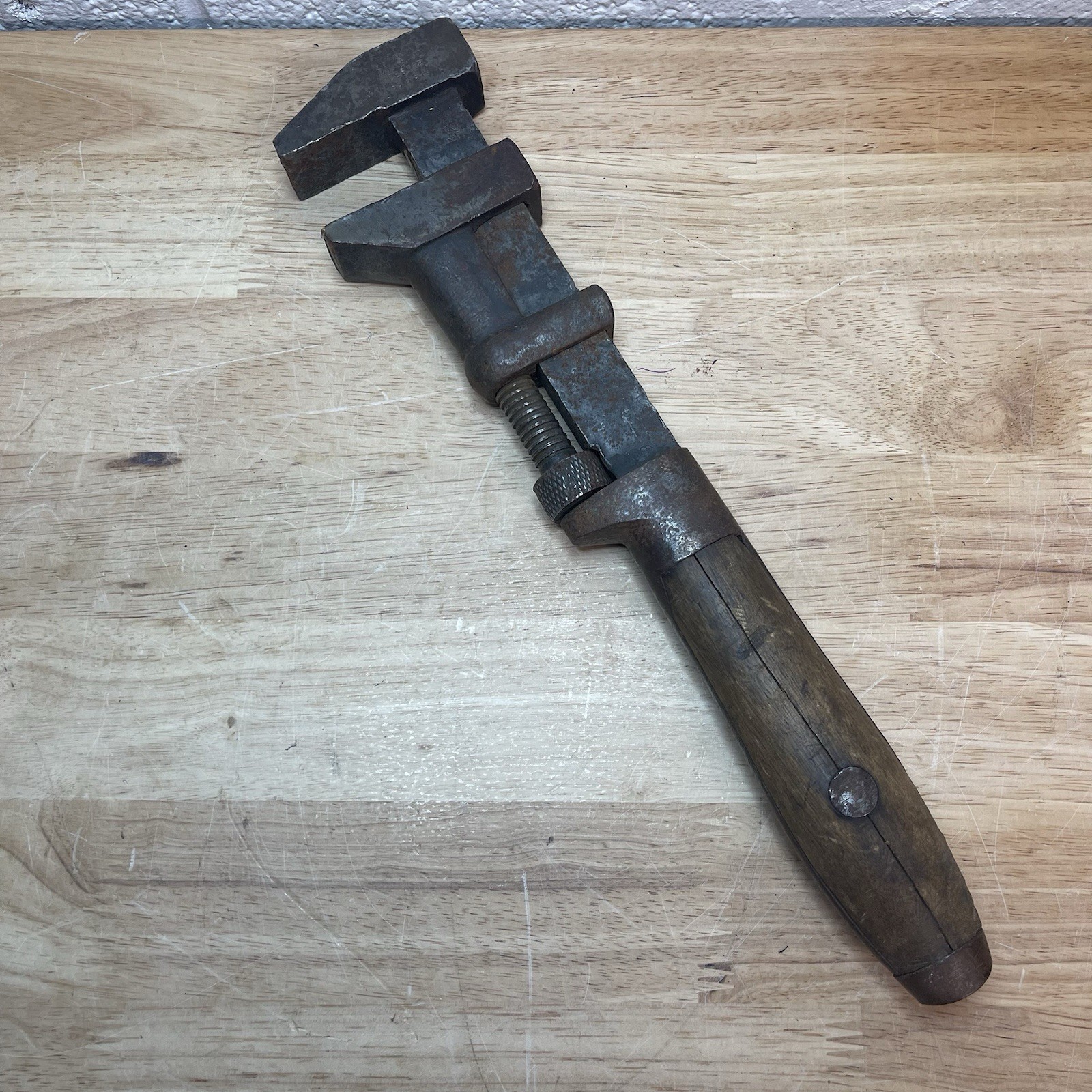 Antique Adjustable Monkey Wrench w/ Wooden Turn Handle