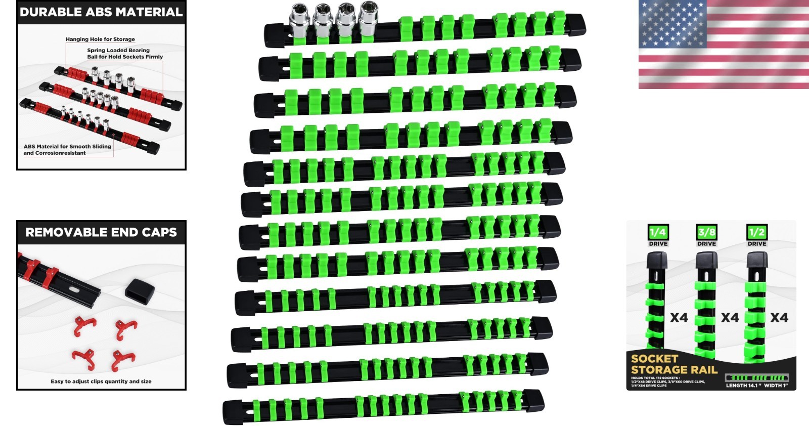 Durable 12PC Socket Organizer in Green - Wall-Mountable for 172 Socket Storage