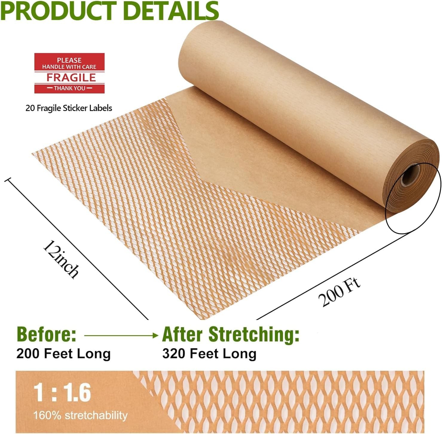 Honeycomb Packing Paper,12 inch x 200 ft Bubble Cushioning Wrap for Packing M...