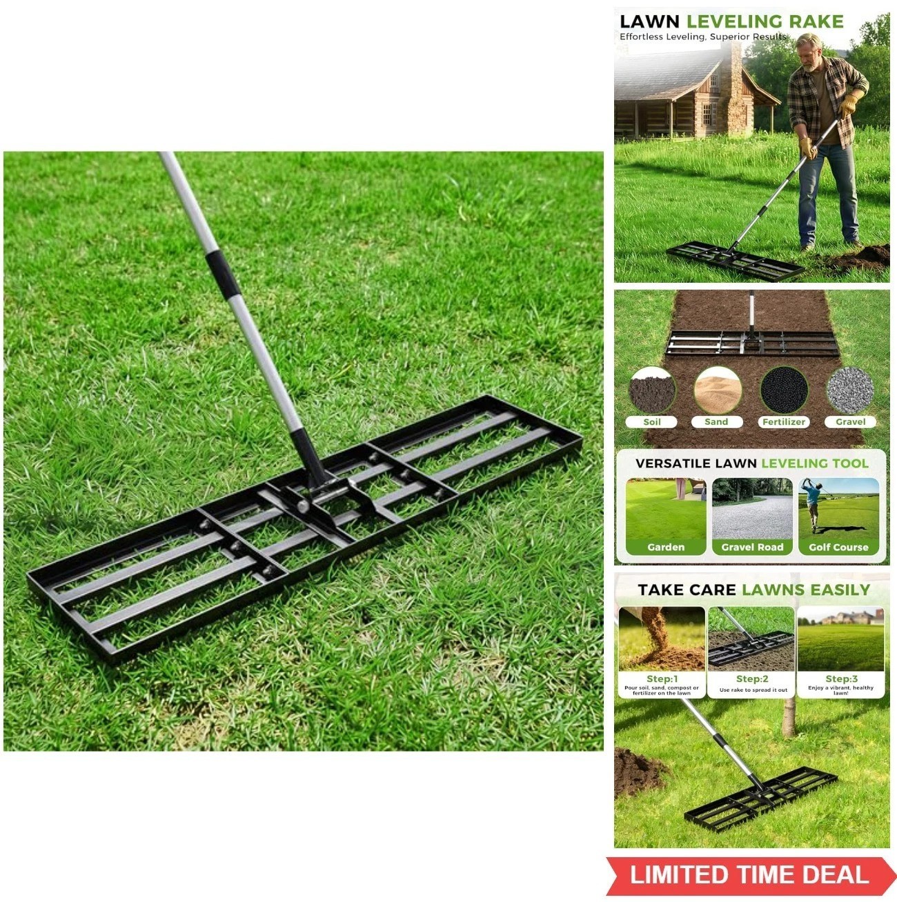 Lawn Leveling Rake 45x10 Inch Stainless Steel Heavy Duty Adjustable Handle