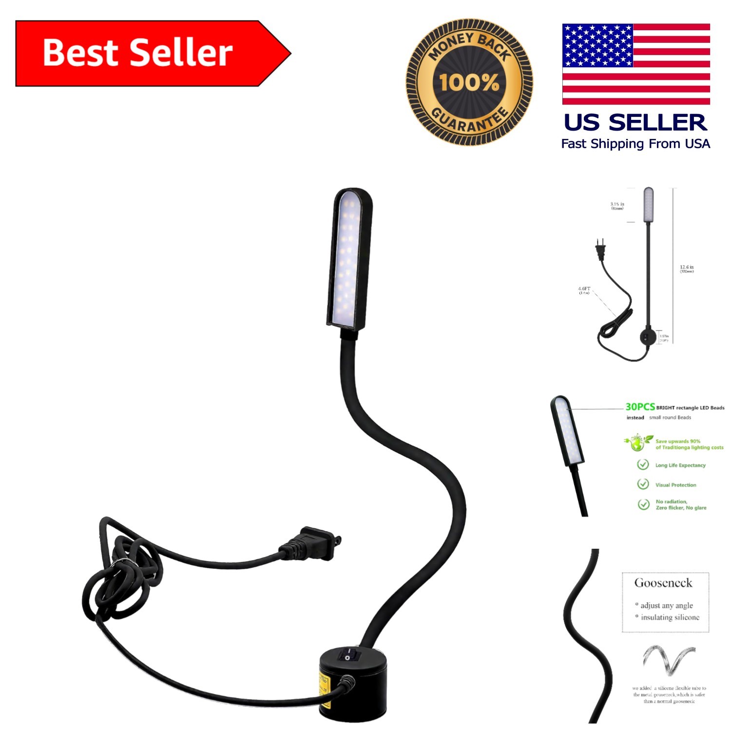 30 LED Sewing Machine Light with Magnetic Base & Flexible Gooseneck - Waterproof