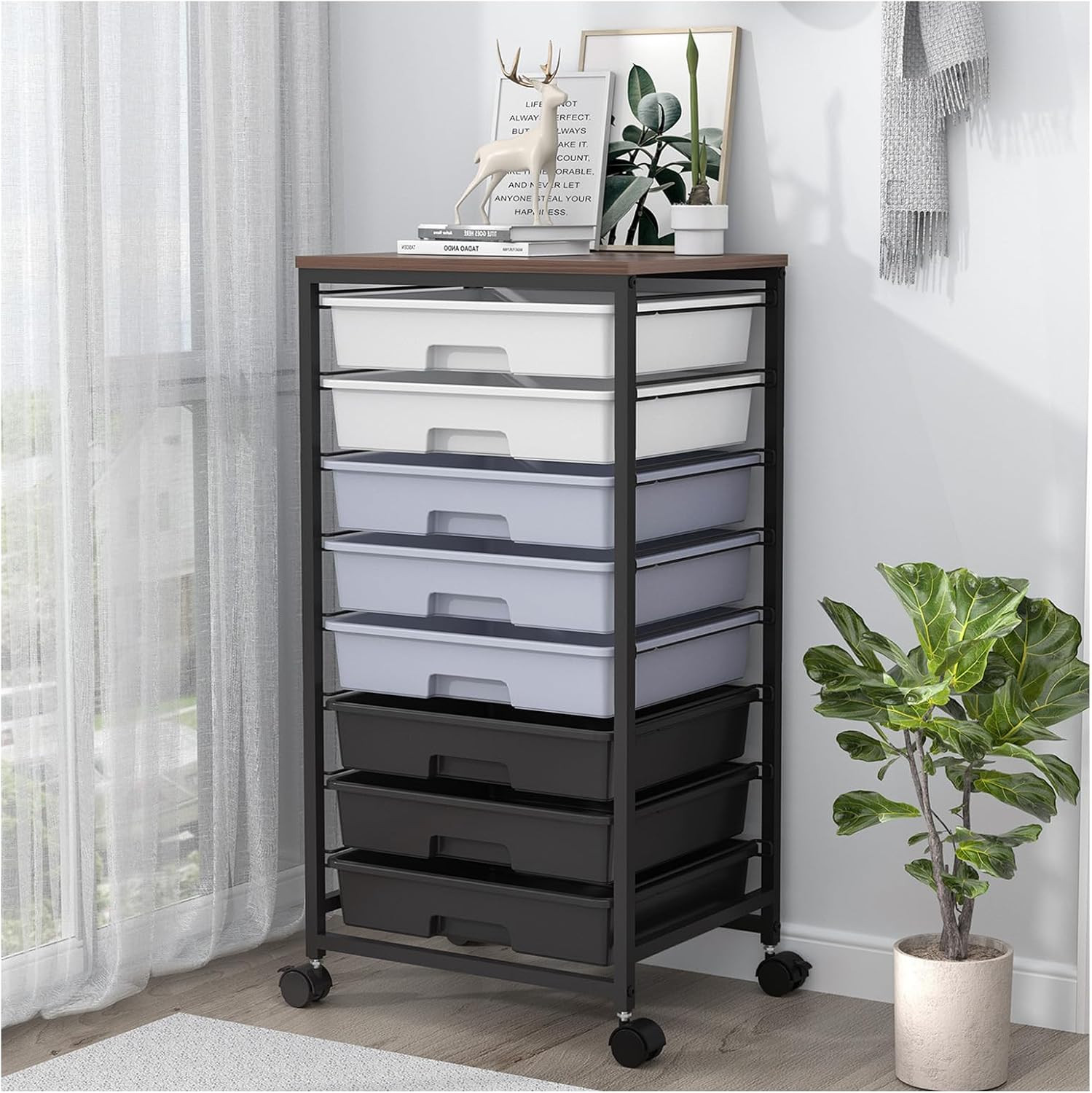 Rolling Cart with Drawers,Utility Cart with 8 Drawers and Wooden Tabletop for Li