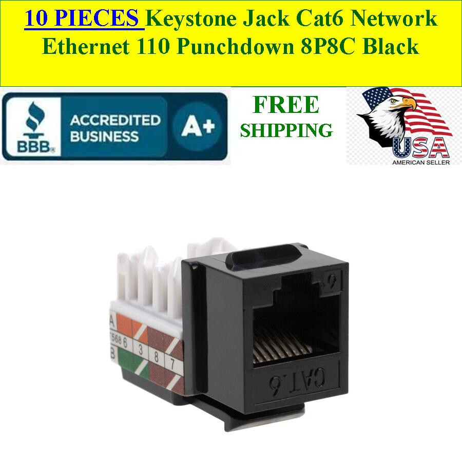 10 JACKS RJ45 Keystone Jack Cat6 Network Ethernet 110 Punchdown Black T568A B