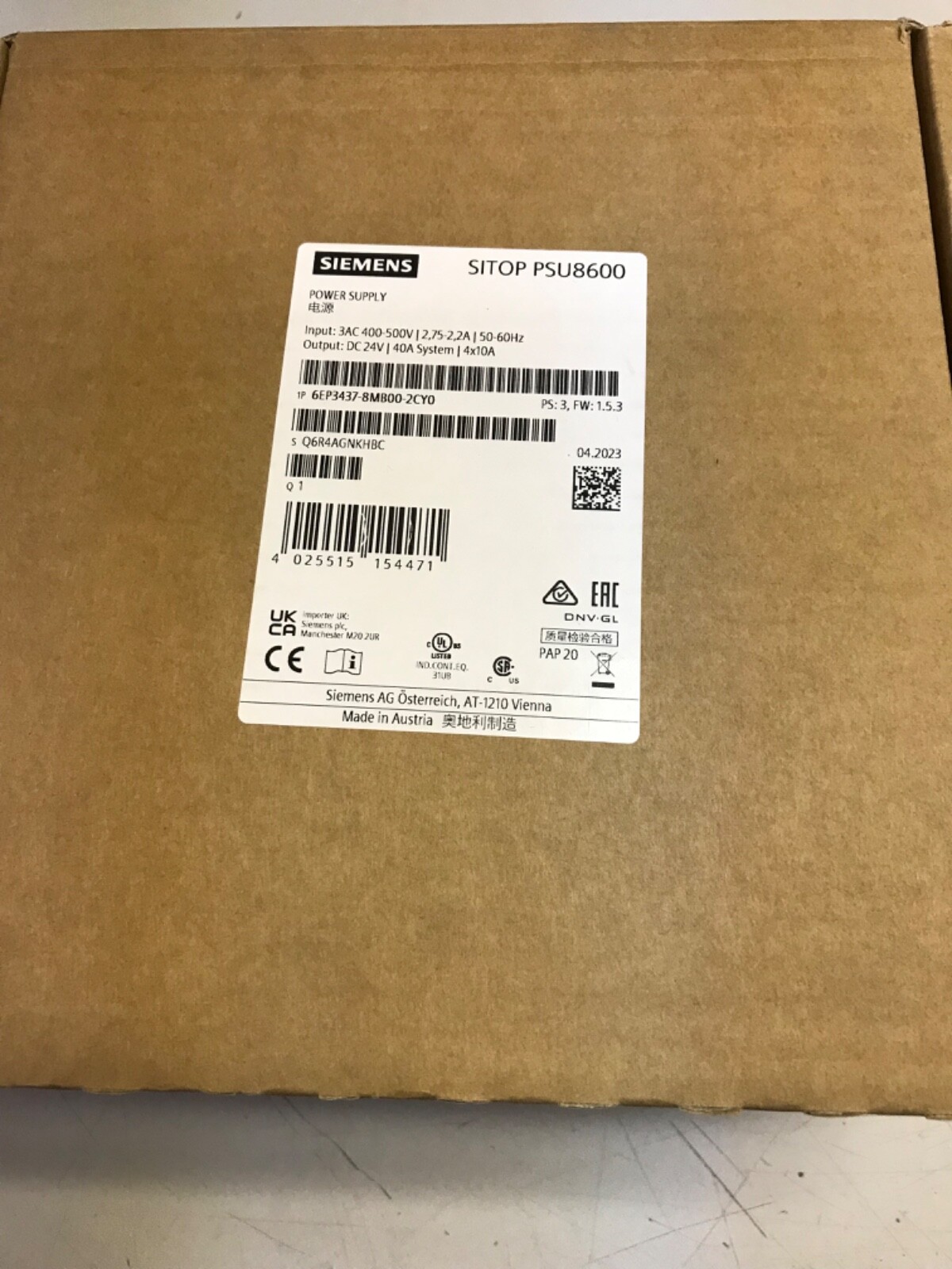 SIEMENS POWER SUPPLY 6EP3437-8MB00-2YC0 - Brand New, Factory Sealed