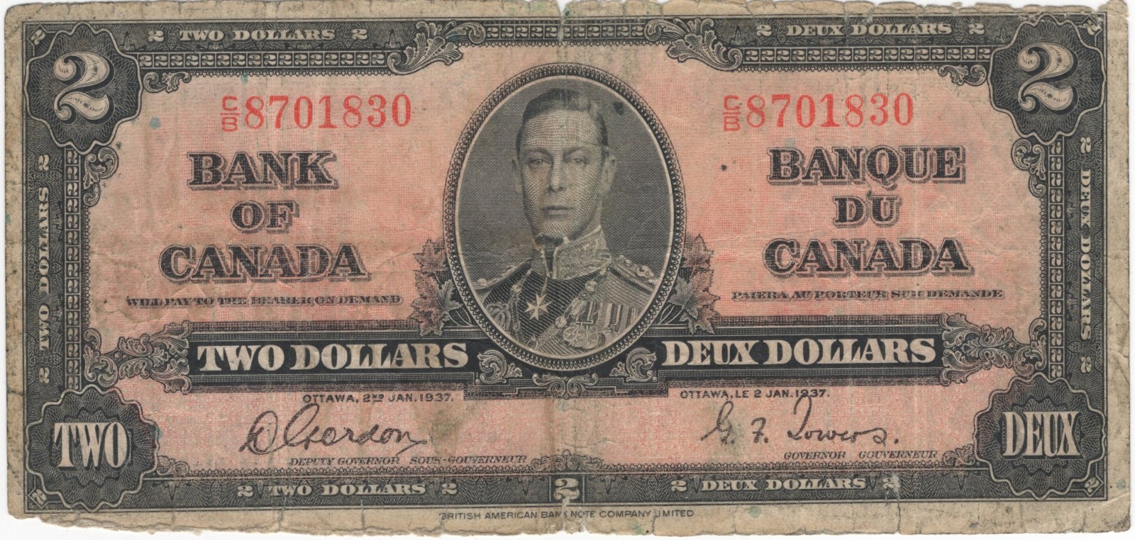 Bank of Canada 1937 $2 Gordon-Towers C/B Prefix VG+ King George VI