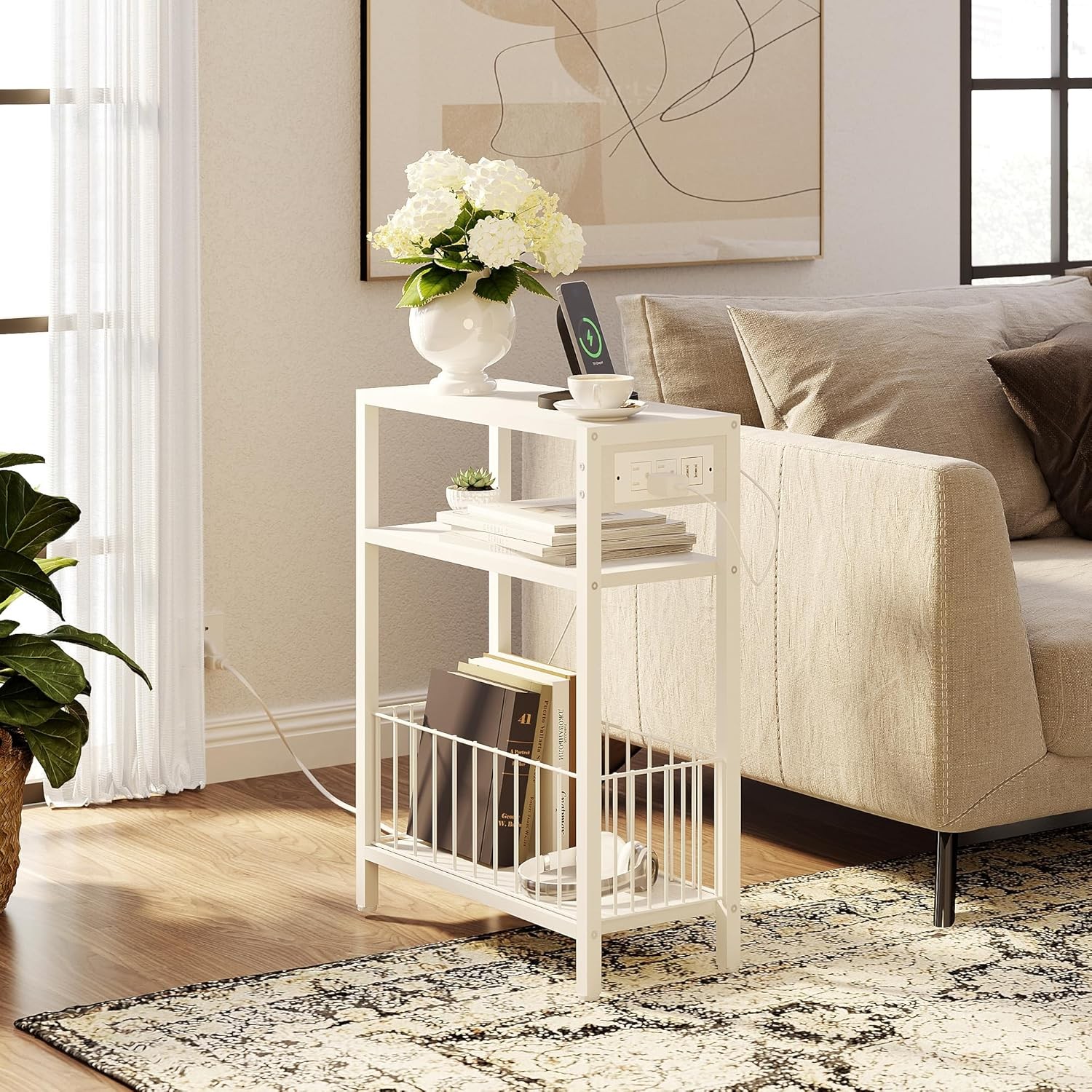 Narrow Side Table W/ Charging Station Small End Table Small Spaces Slim