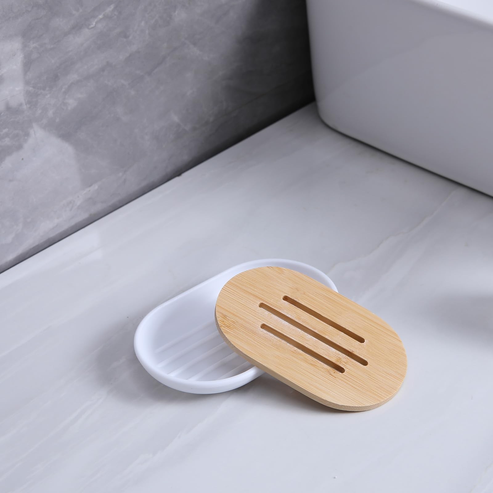 Matte White Bathroom Accessories Set 7 Pcs,Bamboo Bathroom Accessories Sets,W...