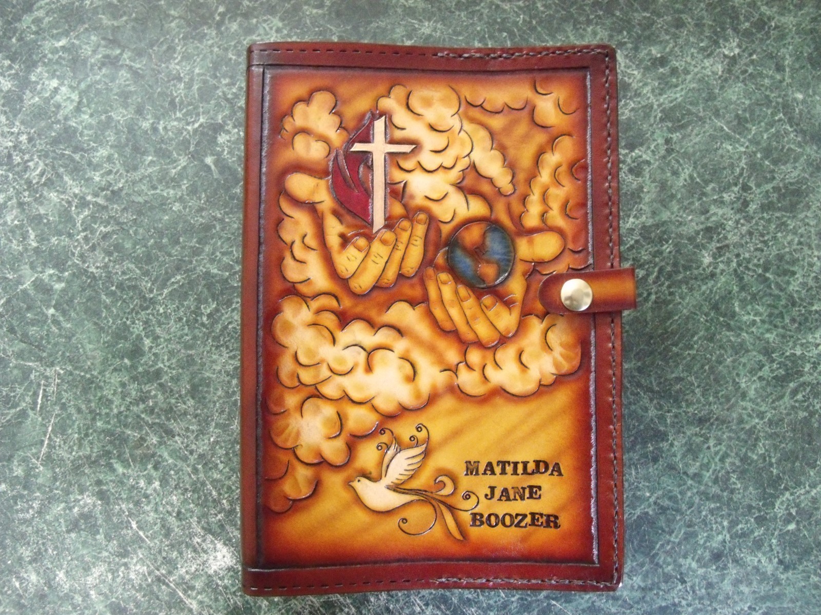 X-Large custom made leather Bible cover. Can be personalized.