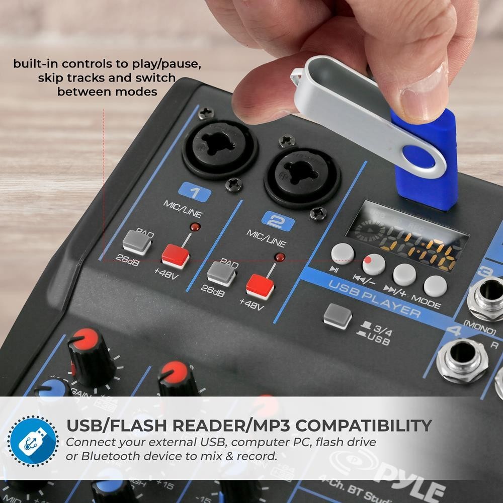Pyle 4-Ch. Bluetooth Studio Mixer - DJ Controller Audio Mixing Console System