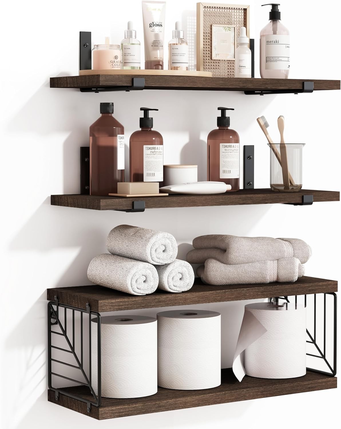 Fixwal 3+1 Tier Bathroom Floating Shelves Over Toilet, Tier, Dark Brown