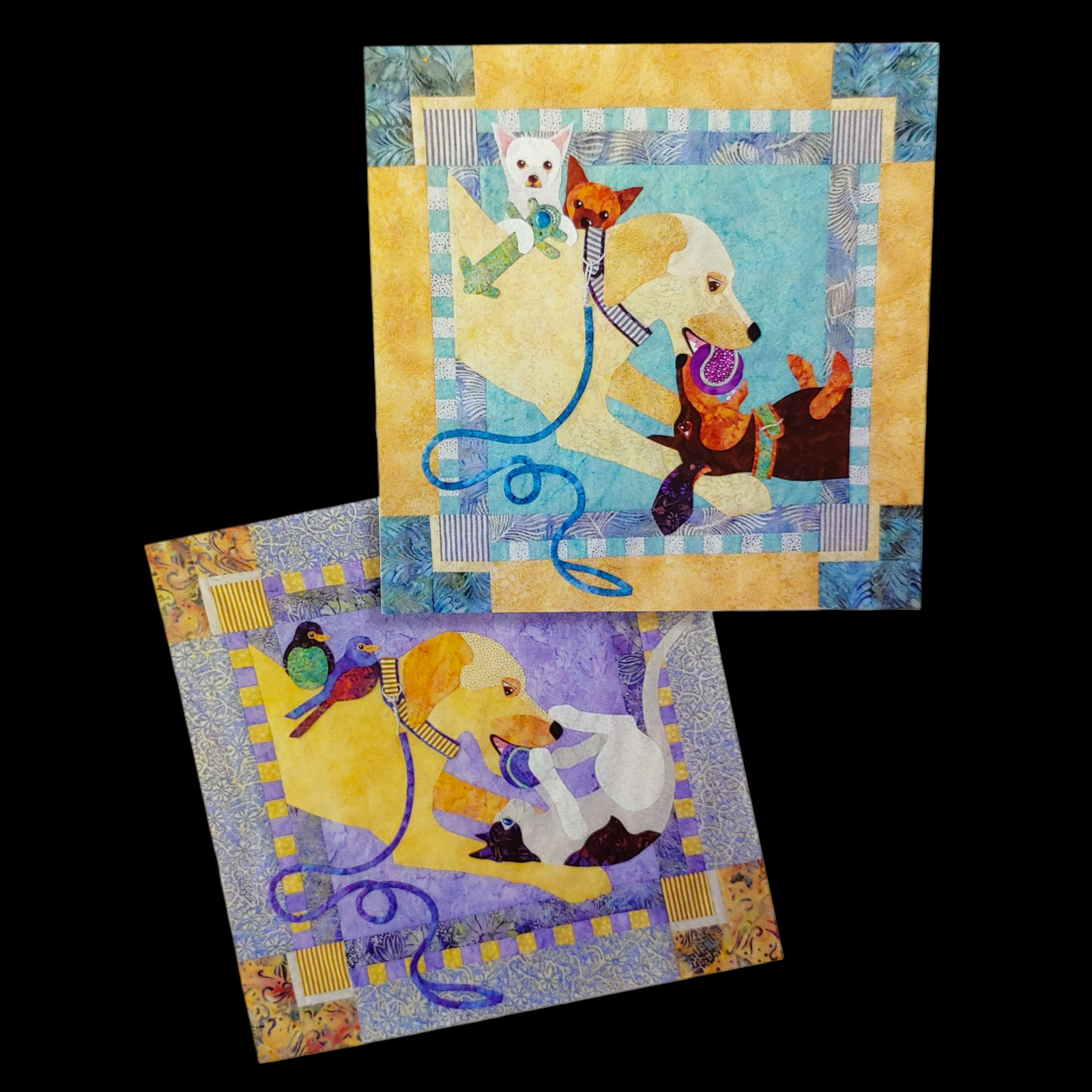Dogs & Cats Playing Applique Quilt Pattern - 28" Lab Chihuahua Dachshund Birds