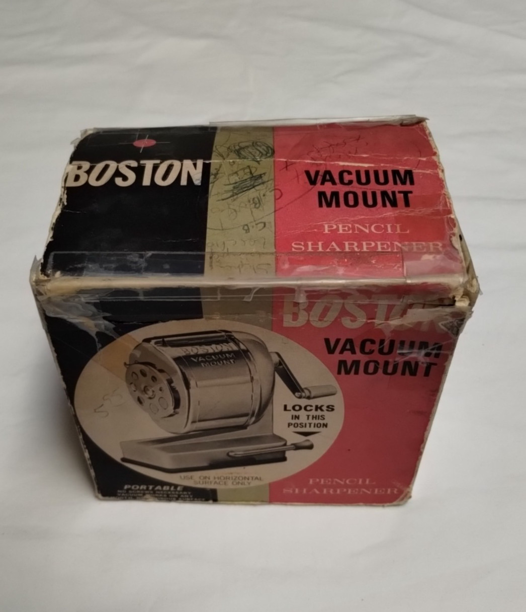 Boston Vacuum Mount Pencil Sharpener 8 Hole Adjustable Size Vintage Original Box
