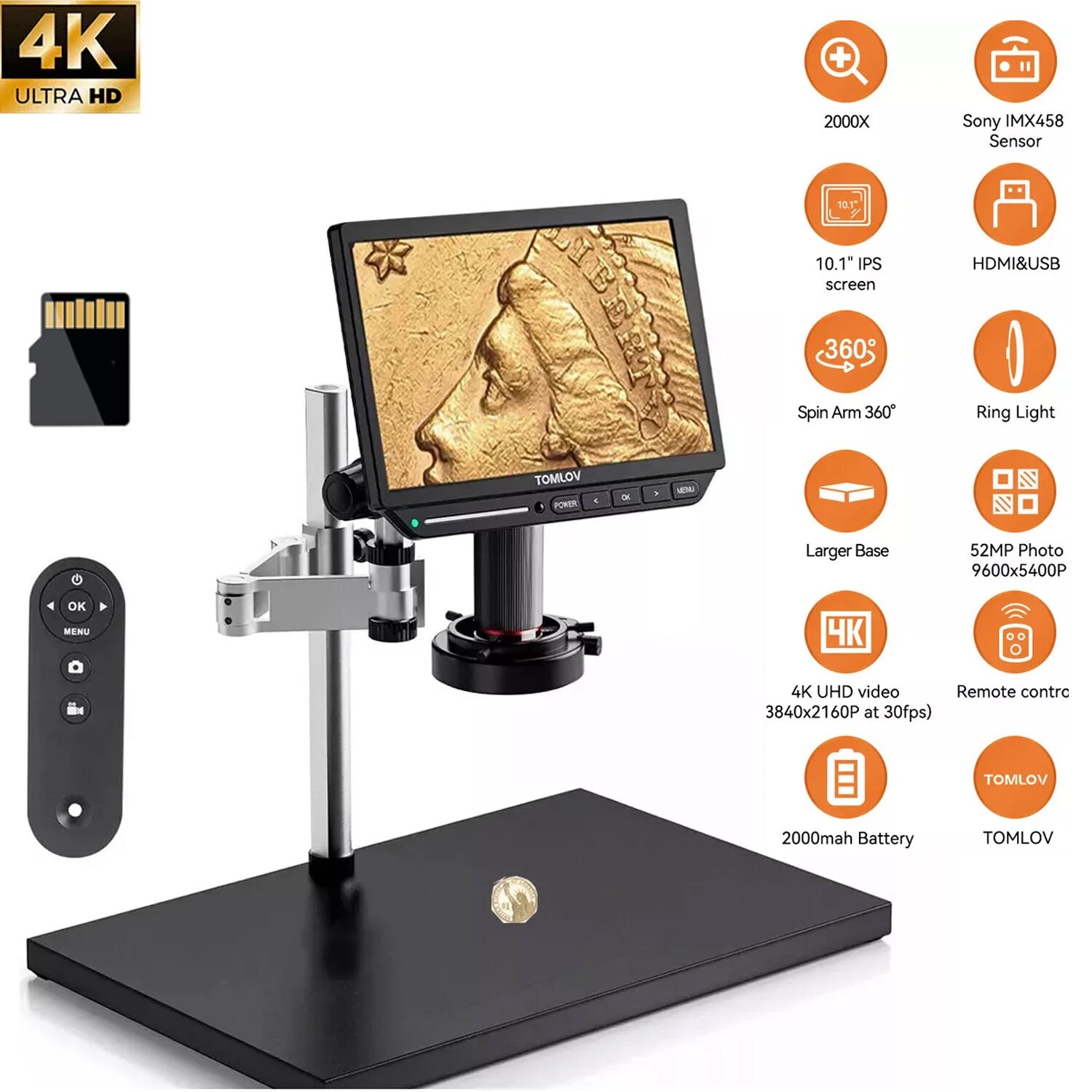 TOMLOV TM4K Max 4K Coin Microscope Sony IMX Sensor Digital Microscope 2000x Came